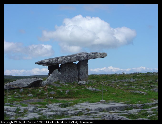 Poulnabrona Dolmen in the Burren. This is a large stone structure or
 sculpture built about 5800 years ago.