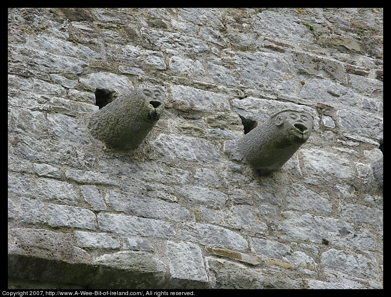 A ruined cathedral built of stone. There carved stone water spouts that have faces and an open mouth for the water to gush out of.