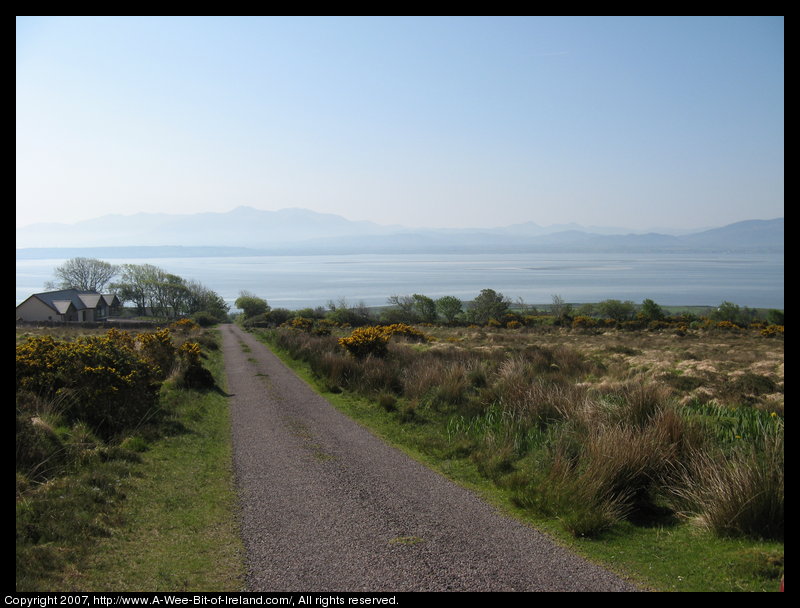 A narrow paved road with some grass growing between the car tracks and a house on the left and water with mountains across the water.