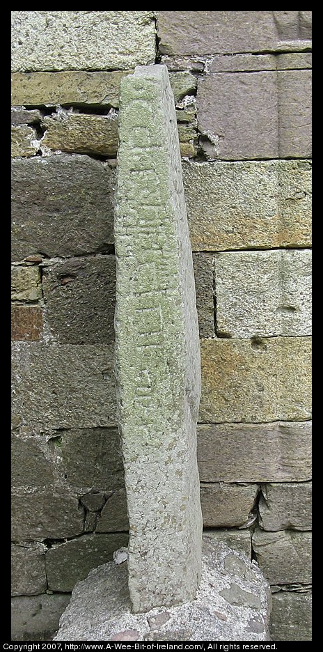 Roman letters incised in the face of the stone run from top to bottom and there are matching notches cut into the corner of the stone to show the corresponding ogham alphabet.