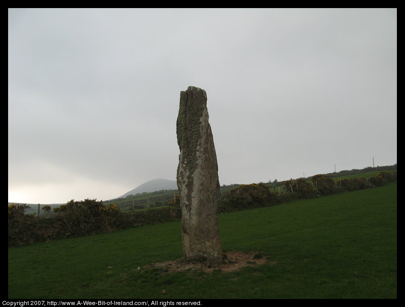 standing stone with slashes on the corner of the stone that are writing in an ancient alphabet.