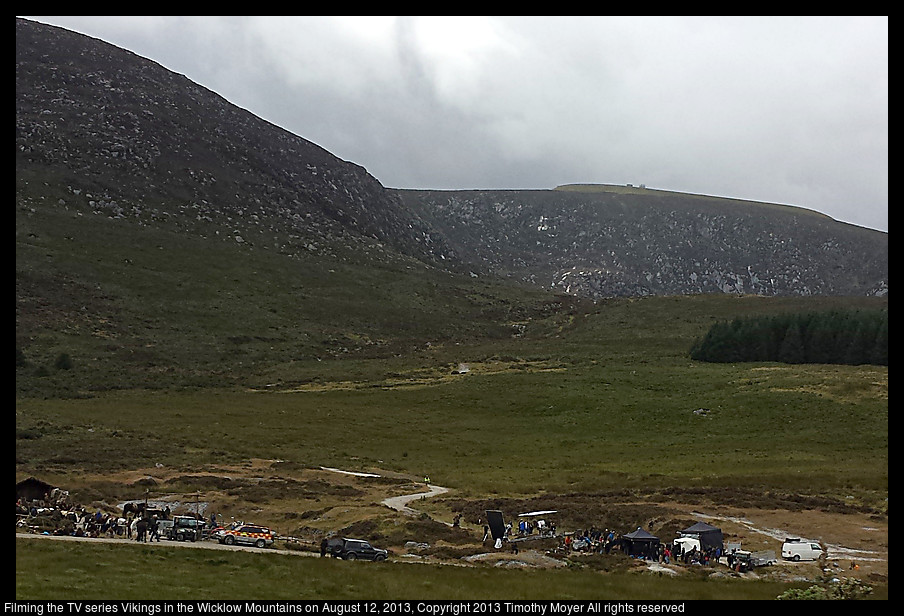 Horses and trucks and actors and Gardai walking down the road in the Wicklow Mountains.