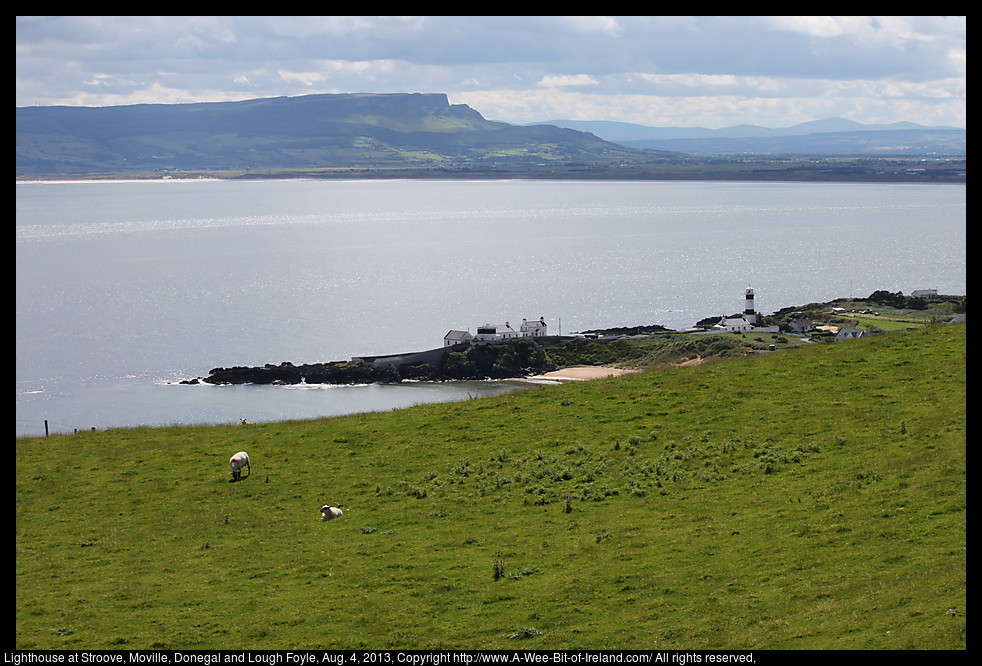 A lighthouse on a rocky coast with Lough Foyle and mountains in the background.
