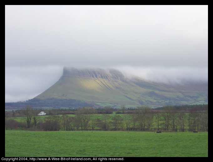 Benbulben Mountain near Drumcliff. From this angle, the mountain seems
to have vertical sides and a flat top. In the foreground are pastures that
were green, even in January, and rows of trees without leaves.
