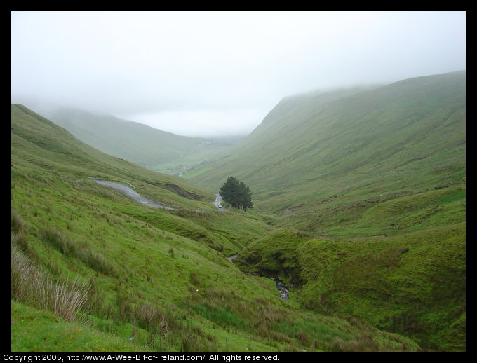 Looking down a very green valley with a swift stream at the bottom. There is a winding road descending steeply to Ardara.