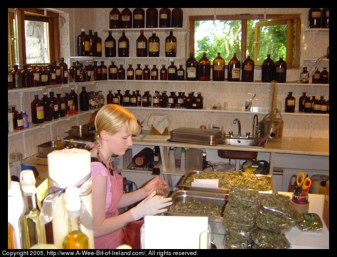 A woman in a room full of small bottles sorting herbs used for the manufacture of perfume. The woman has blond hair in braids, a pink apron and is wearing a white glove. The bottles and jars on the shelves are made of brown glass. Green trees are visible through the open window.