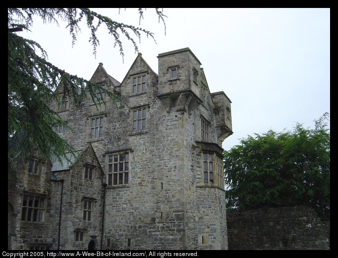 Donegal Castle looking up through trees. The castle is gray stone with arrow slits.