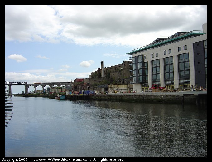 The Boyne River in Drogheda. There are a mixture of medieval and modern
 buildings along the river. The river is wide and flowing slowly. There are
 cranes and scaffolds being used to renovate old buildings and build new ones.
 There is a train crossing the bridge.