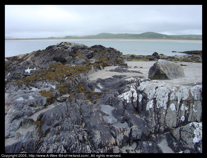 Tidal pools at low tide among rocks and sand with the mainland
 in the background.