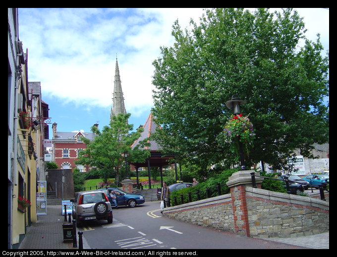 View up a steep hill in Letterkenny, Donegal toward the Cathedral