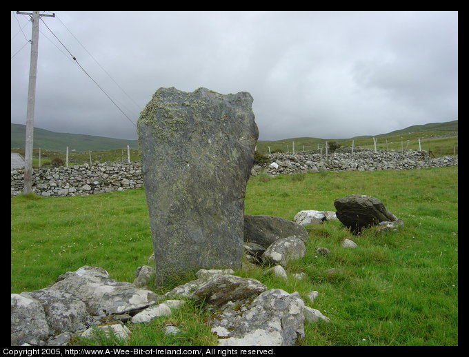 A standing stone marking ancient burials in a field of green grass.