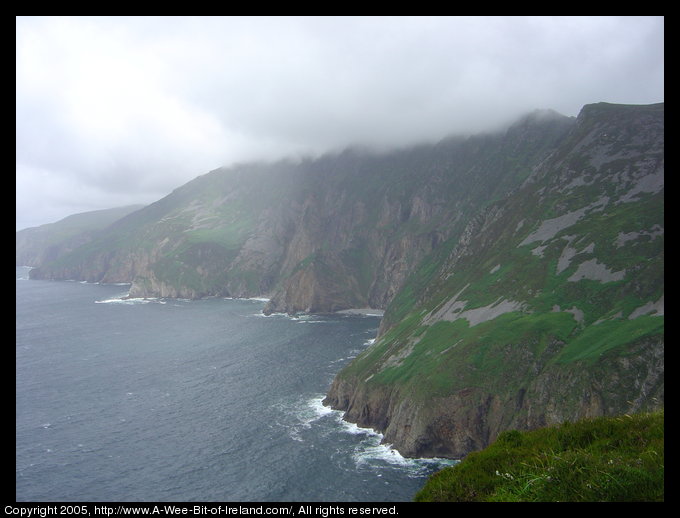 Slieve League sea cliffs with rain on top.